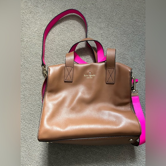 Kate Spade crossbody bag. Used - good condition. Brown with pink straps. - Picture 2 of 9